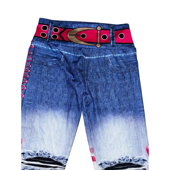 Faux Denim Leggings With Butterfly & Floral Print Size Medium Sexy Stretch Pants - Picture 4 of 5